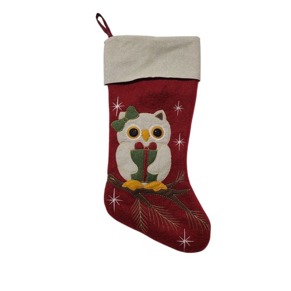 Prima Creations Owl Christmas Stocking 18" Woodland Bird Bow Present On Branch